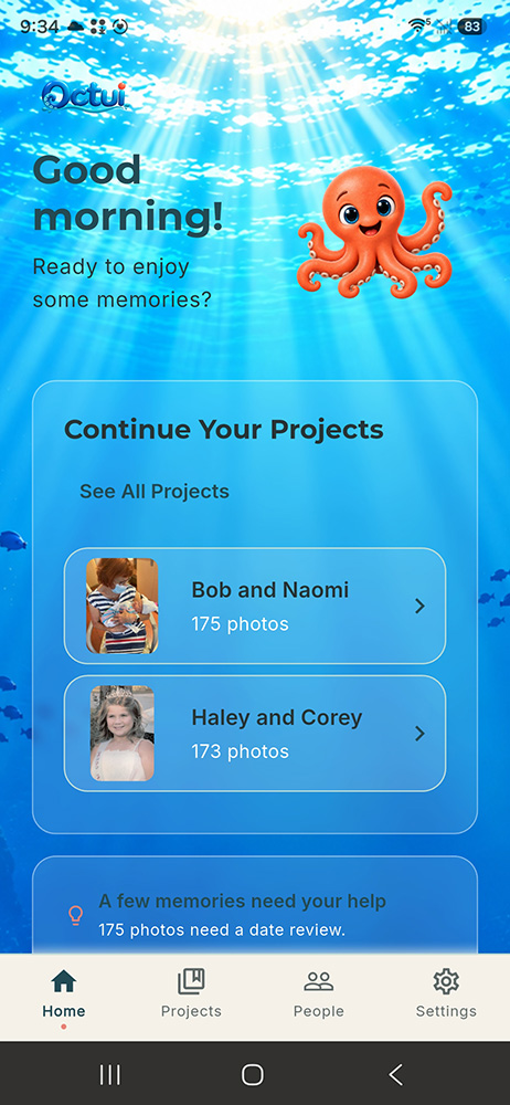 Octui mobile app home screen